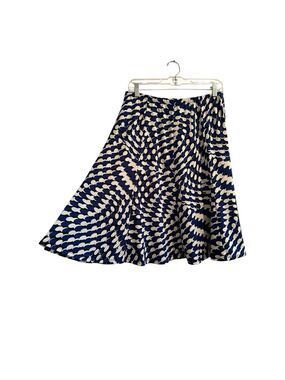 Abstract Polka Dot Pleated Summer Skirt Womens 12 Navy Blue & White Pull-on